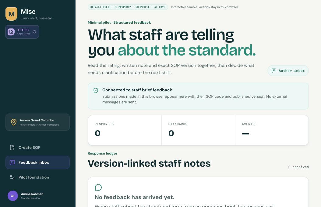 Focus Realm author desktop feedback inbox showing responses from staff per operating standard